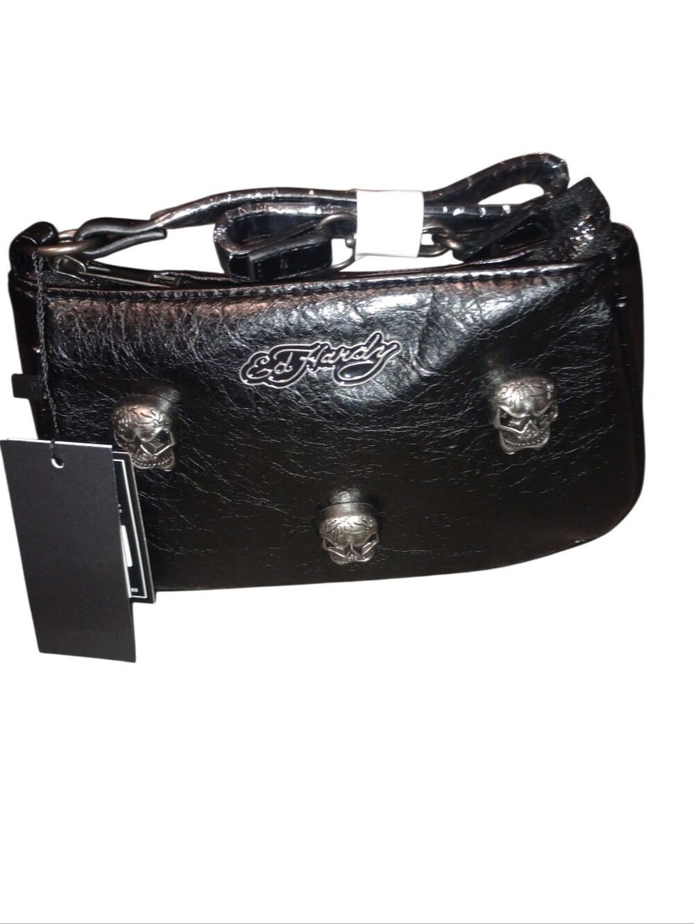 Ed Hardy Black Leather Skull Studded Satchel Bag, NWT